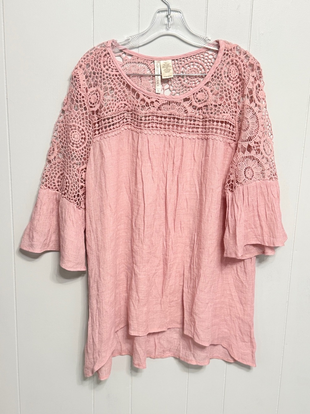 #19) Boho Crochet Yoke Pink Women's Top